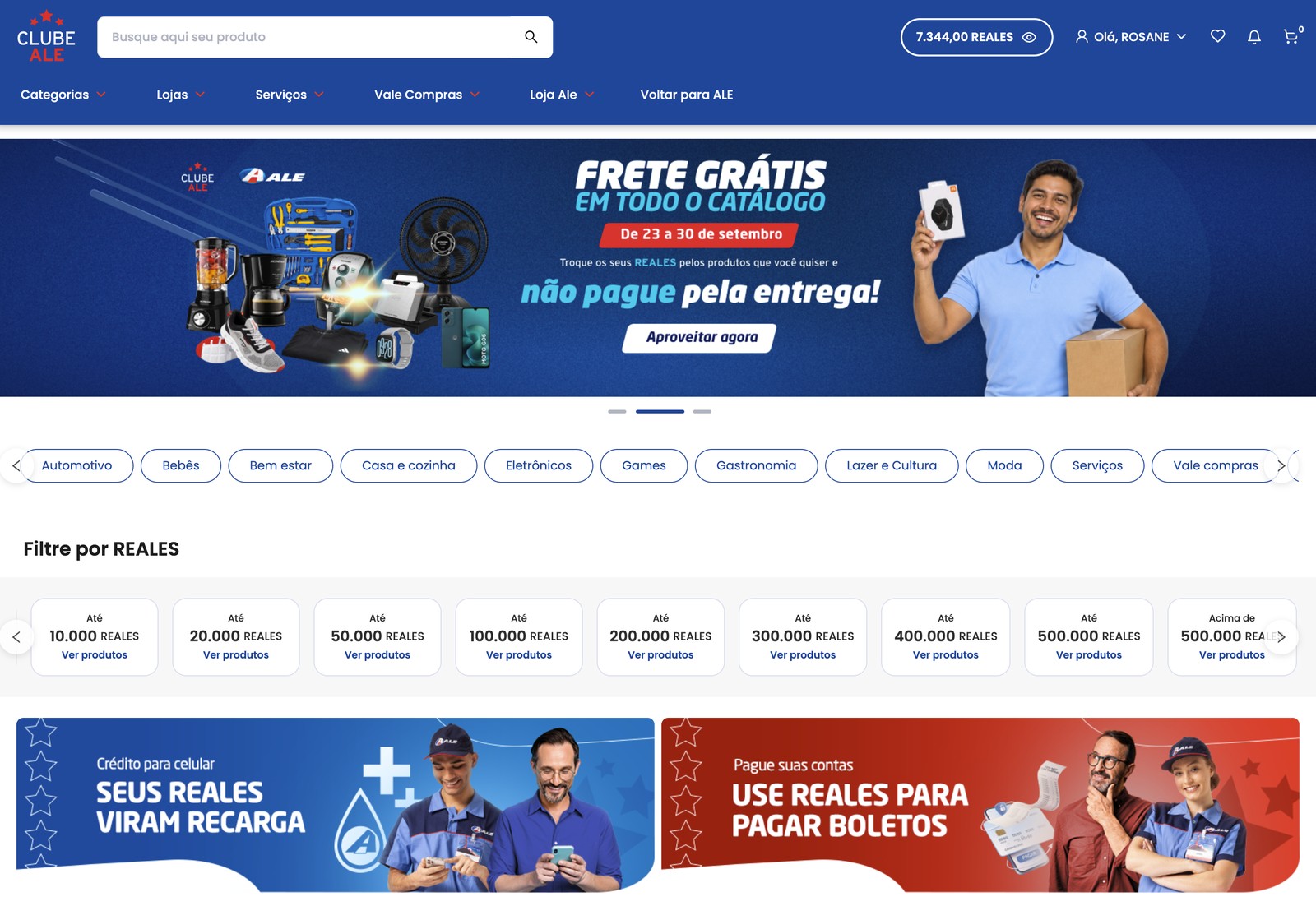 Página inicial do catálogo de prêmios do Clube ALE com a vitrine de produtos