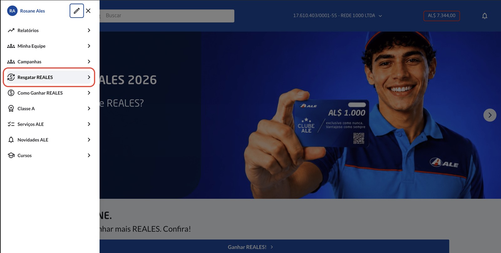 Menu expandido do Clube ALE com a seção Resgatar REALES em destaque